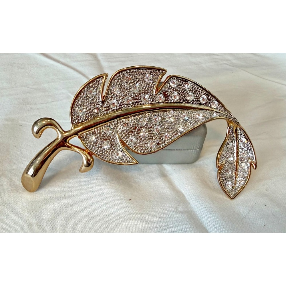 Gold-Tone Curling Leaf Brooch Sparkling Rhinesones Extra Large 5.5"